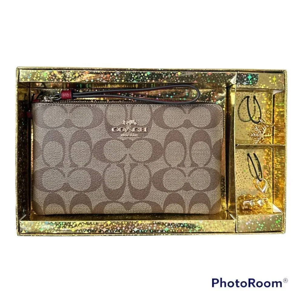 New Coach Signature Large Wristlet with Charms in a Gift Box